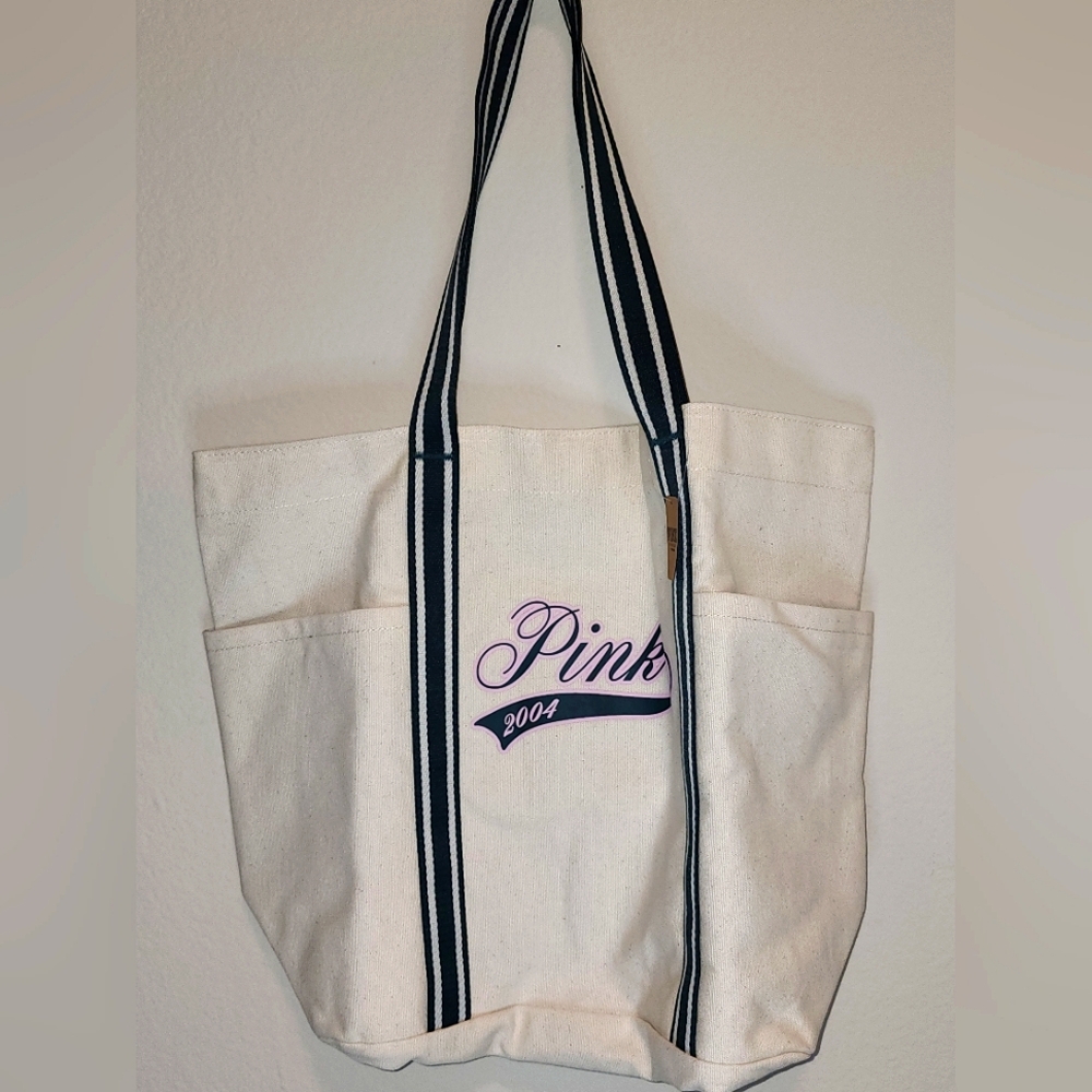 NEW PINK Canvas Tote Bag - Green and White - Size OS